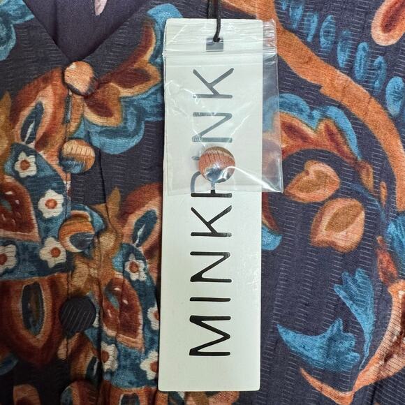 Minkpink Dress Whilla Tiered Mini Navy/Multi Paisley Babydoll Mini Medium NWT - Picture 8 of 9